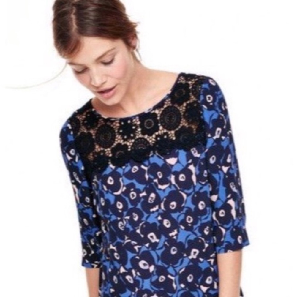 Boden Blue Floral Blouse with Black Lace Detail